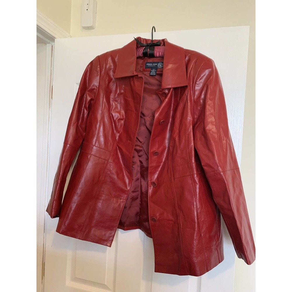 Venezia Jeans Clothing Co. Red LEATHER Blazer JACKET Coat Size 14/16